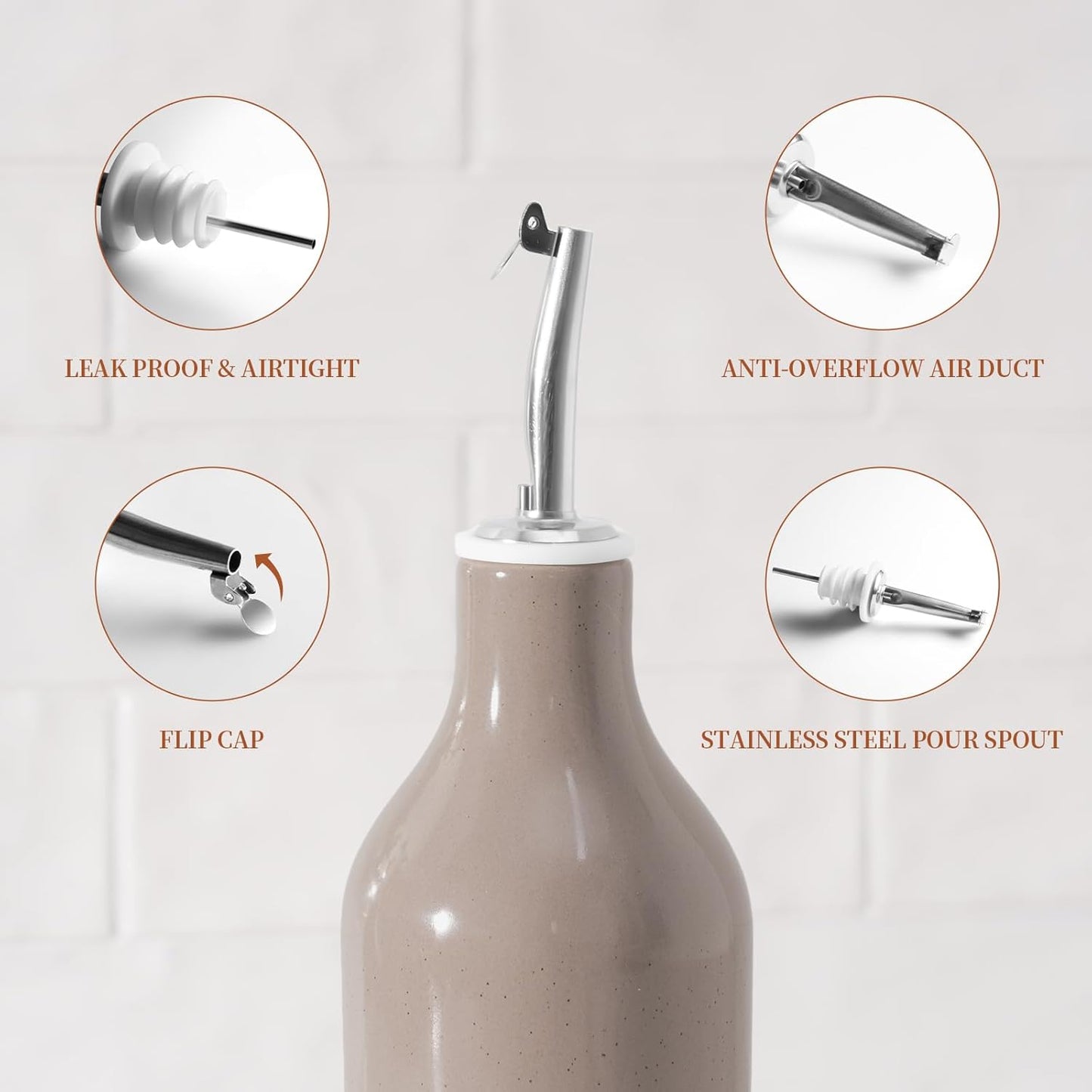 famiware Milkyway 16oz Ceramic Olive Oil Dispenser Bottle, Olive Oil and Vinegar Dispenser Bottle Set of 2 with Stainless Steel Pourers, Suitable for Storage Vinegar, Liquids, White and Cinnamon Brown