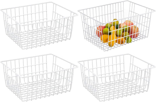 Redrubbit Wire Storage Baskets, Large Farmhouse Metal Freezer Basket Storage Organizer Bins with Handles for Kitchen Cabinets, Pantry, Closets, Bedrooms, Bathrooms, Set of 4, White