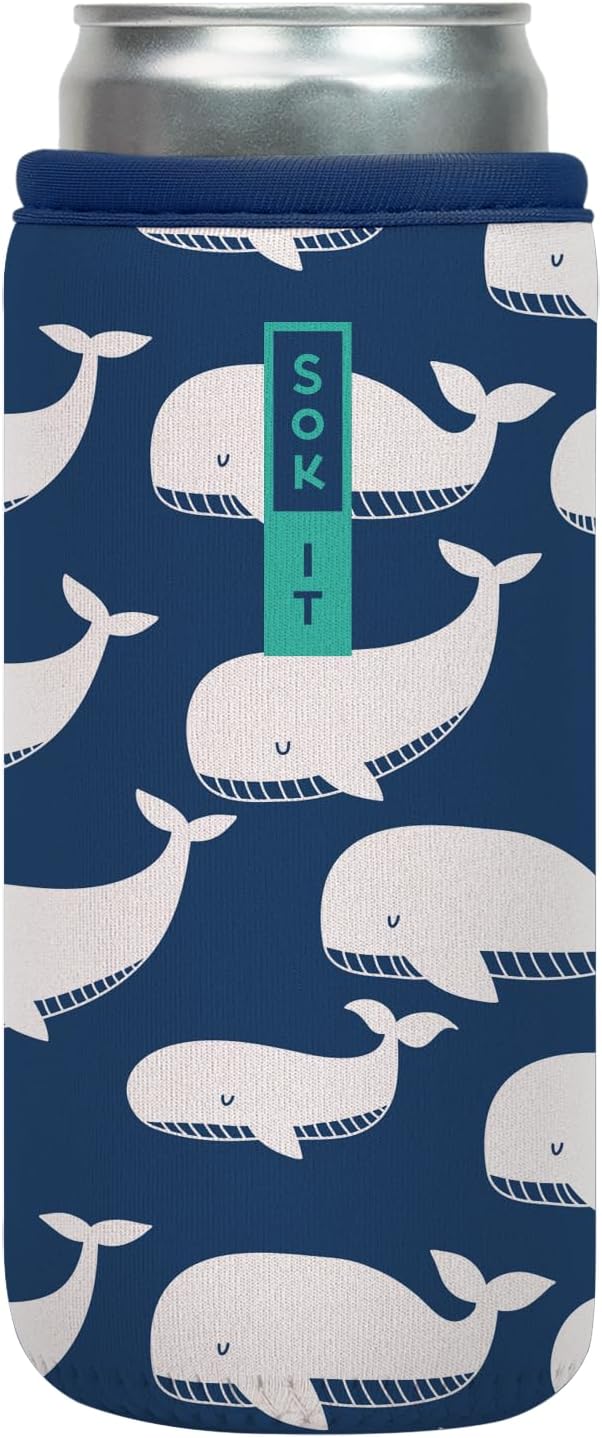 Sok It CanSok Sleeve for Beer & Soda Insulated Neoprene Cover (Whale of a Time, 12oz Slim Can Sleeve)