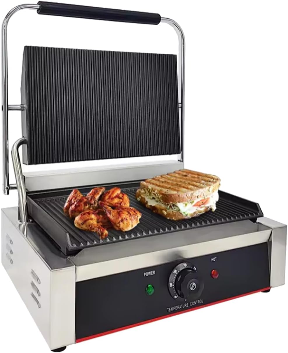 Commercial Panini Press With Grooved Grill Sandwich Maker Machine Electric Contact Grill Single (Large Grooved Top&Bottom)