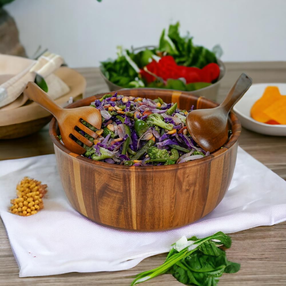 Extra Large Wooden Salad Bowl - 12“ x 5” Acacia Wood Serving bowl with 2 servers, Large Fruit bowl for food with serving utensils, Housewarming Wedding Christmas Gift