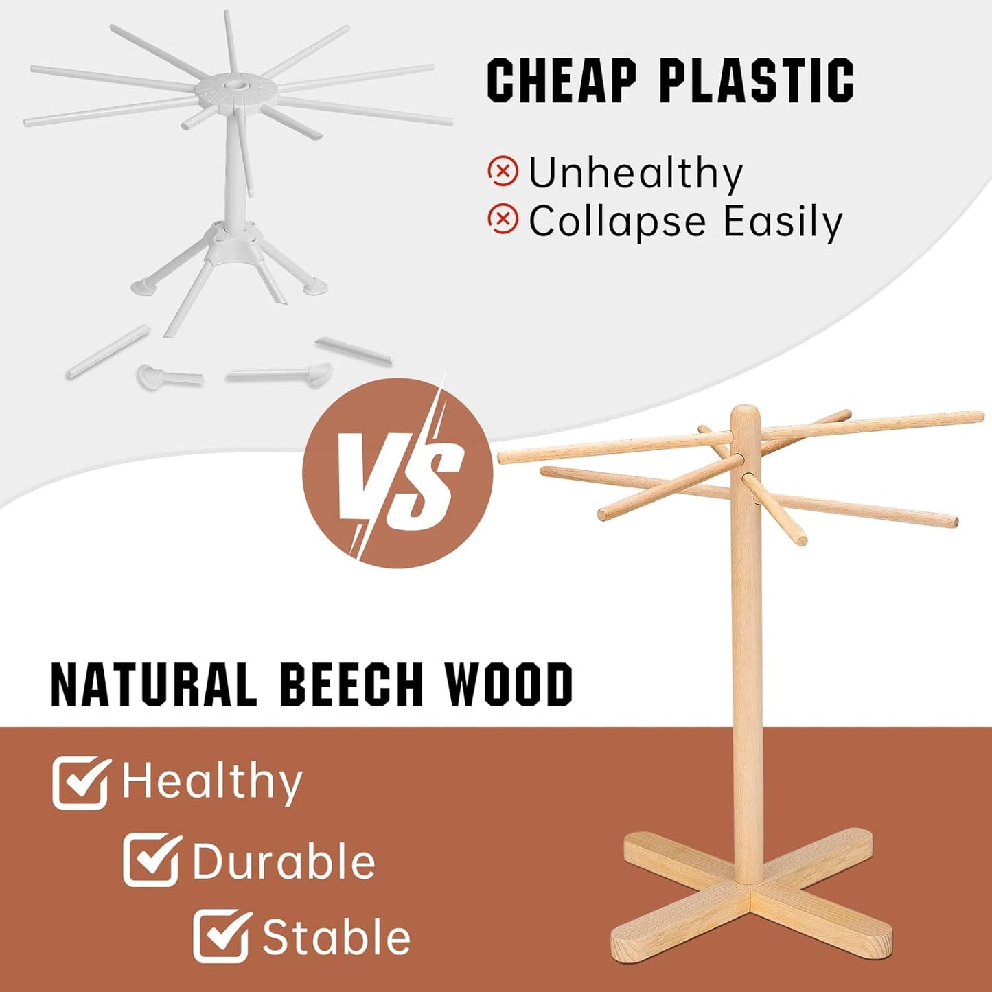 Pasta Drying Rack, Collapsible Pasta Drying Rack For Spaghetti, Easy Storage Homemade Stand Dryer Hander For Fresh Noodle, Natural wood