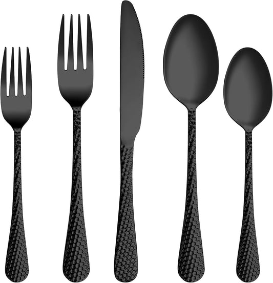 60 Pcs Black Hammered Silverware Set Service for 12,Stainless Steel Flatware Set,Mirror Polished Cutlery Utensil Set,Durable Kitchen Eating Tableware Set,Include Fork Knife Spoon Set,Dishwasher Safe