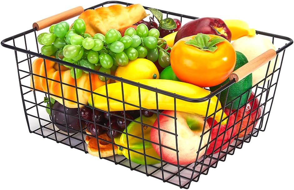 LeleCAT Large black wire baskets for Organizing with Wooden Handles for storage pantry, Storage Organizer Baskets, Household Snack Basket for Cabinets, Closets, Bedrooms, kitchen - Set of 2（Black）