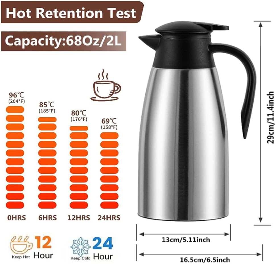 70 Oz Insulated Thermal Coffee Carafe Stainless Steel Double Walled Vacuum Coffee Thermos, Hot Water, Tea, Hot Beverage Dispenser, Keep 24 Hour Heat Retention/12 Hour Cold Retention (Sliver, 2L)