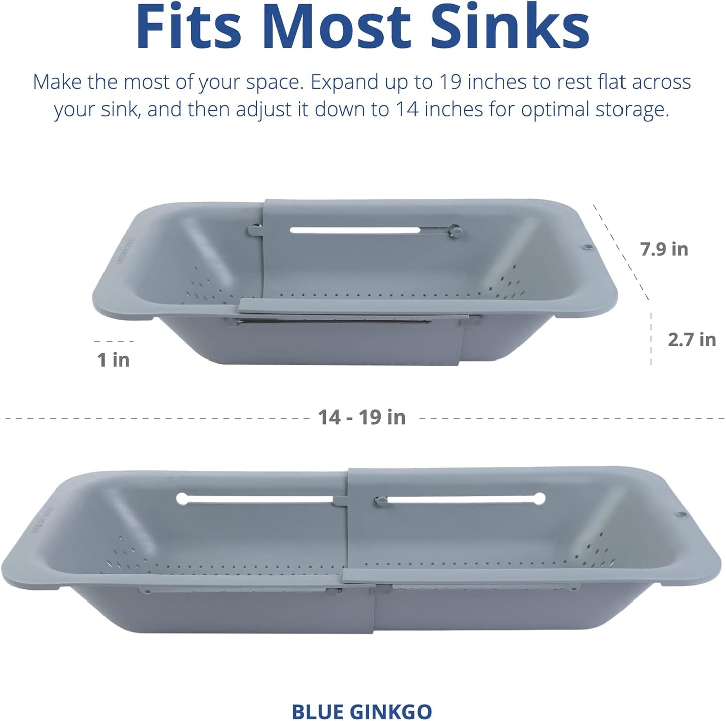 BLUE GINKGO Over the Sink Colander Strainer Basket - Wash Vegetables and Fruits, Drain Cooked Pasta and Dry Dishes - Extendable - New Home Kitchen Essentials (7.9W x 14-19L x 2.75H) - Gray