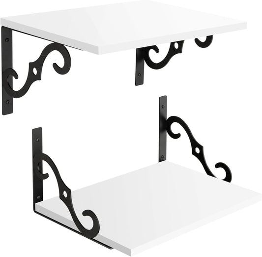 DINZI LVJ Deep Floating Shelves, 16" W x 12" D Wall Shelves Set of 2, Wide Display Shelf Wall Mounted with Brackets, Easy-to-Install Wall Bookshelf for Living Room, Bathroom, Bedroom, White