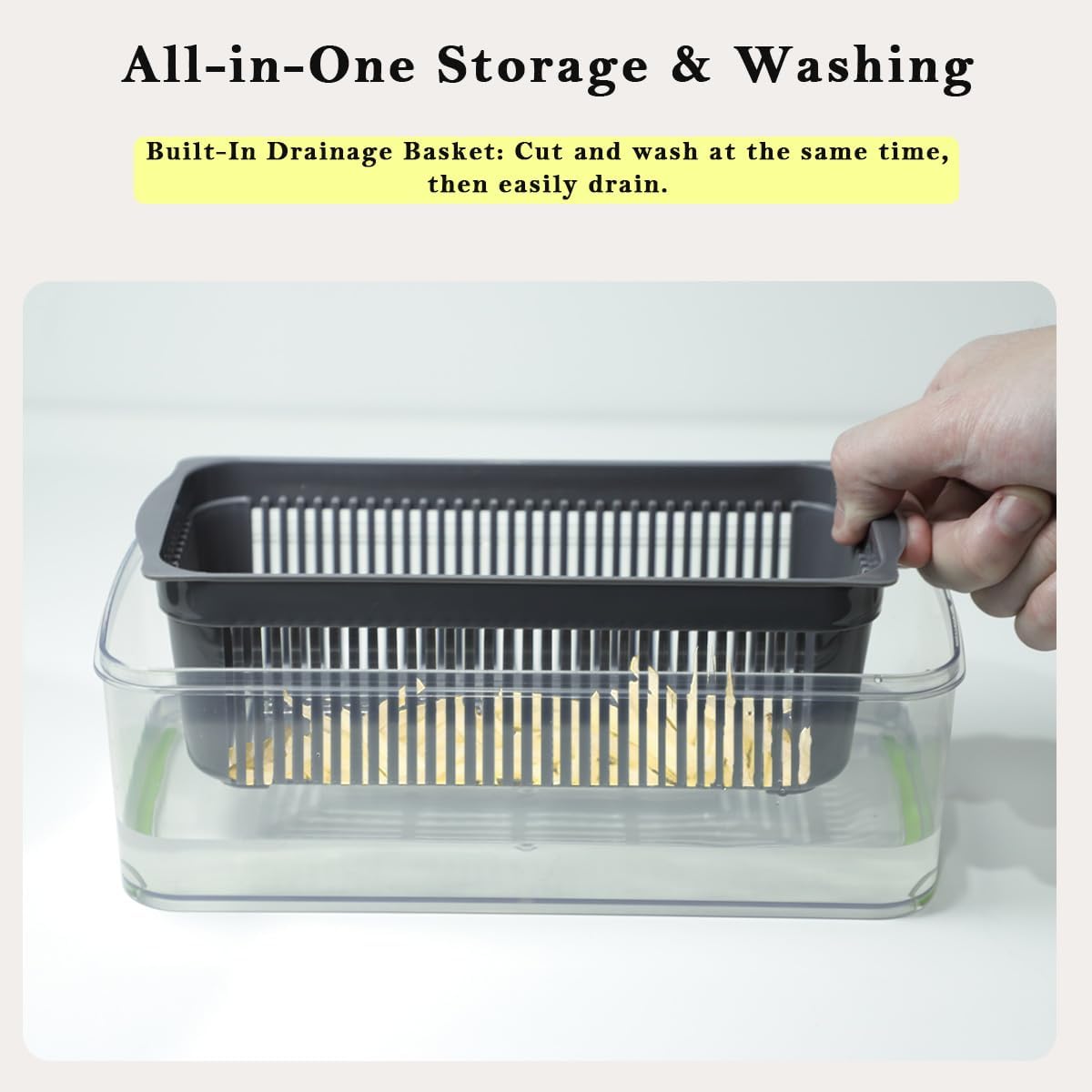 Vegetable Chopper Kit, Stainless Steel Blades, with Veggie Pusher, Grating & Pattern Cutting Blades, Catch Basin & Wash Basket, Safety Lock, Dishwasher Safe Kitchen Gadget (Black-White)