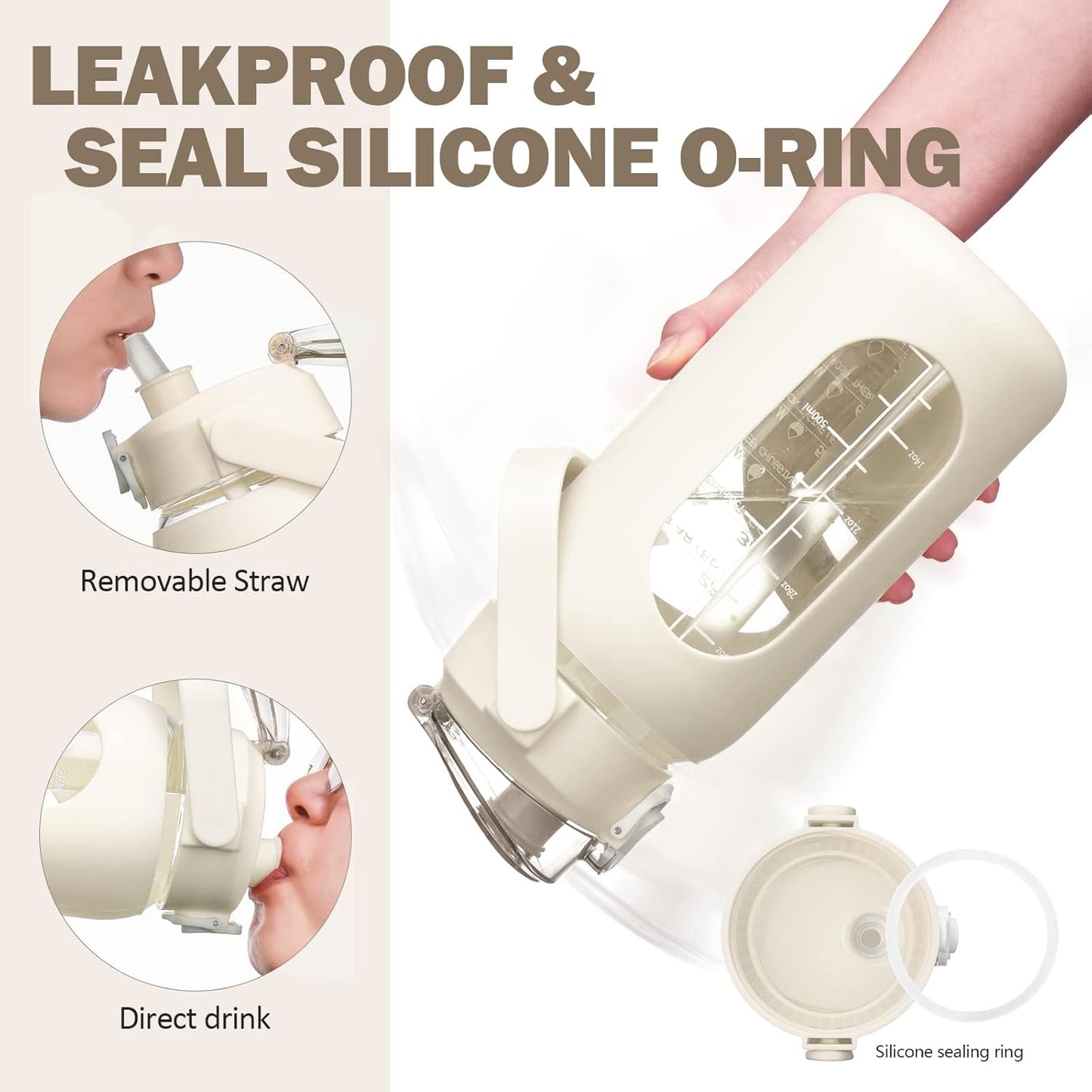 kytffu 64oz Glass Water Bottles with Straw, Half Gallon Motivational Glass Bottle with Silicone Sleeve and Time Marker, 2L Leakproof Large Glass Water Jug for Gym Home Office,White