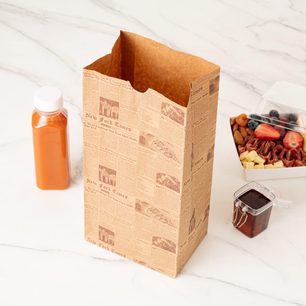 Restaurantware Bag Tek 8 Lb Disposable Lunch Bags 100 Sturdy Take Out Bags - Flat Bottom Microwavable Kraft Newsprint Design Paper Bags Freezable Great For Restaurants Cafes And Bakeries