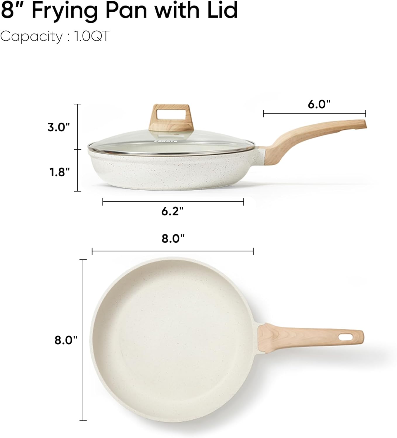 CAROTE 8 Inch Non Stick Frying Pan with Lid,White Granite Nonstick Skillet Omelet Pans, Egg Pan Granite Cookware, PFOS & PFOA Free