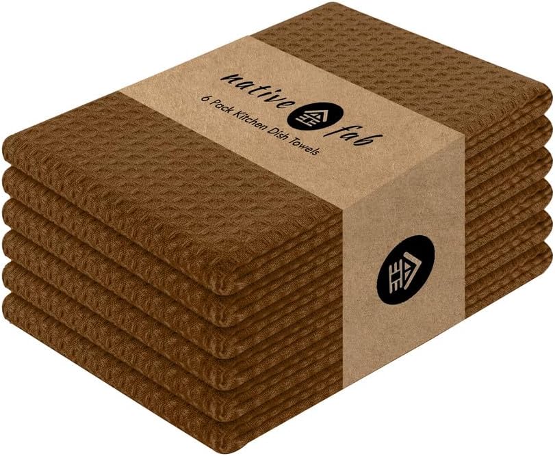 Native Fab Cotton Kitchen Towel with Hanging Loop 16x26 inches, 6-Pack, Waffle Weave Kitchen Towels for Cleaning Drying, Washcloths Soft & Absorbent Cloth Rags, Bar Towel, Dish Cloth, Brown