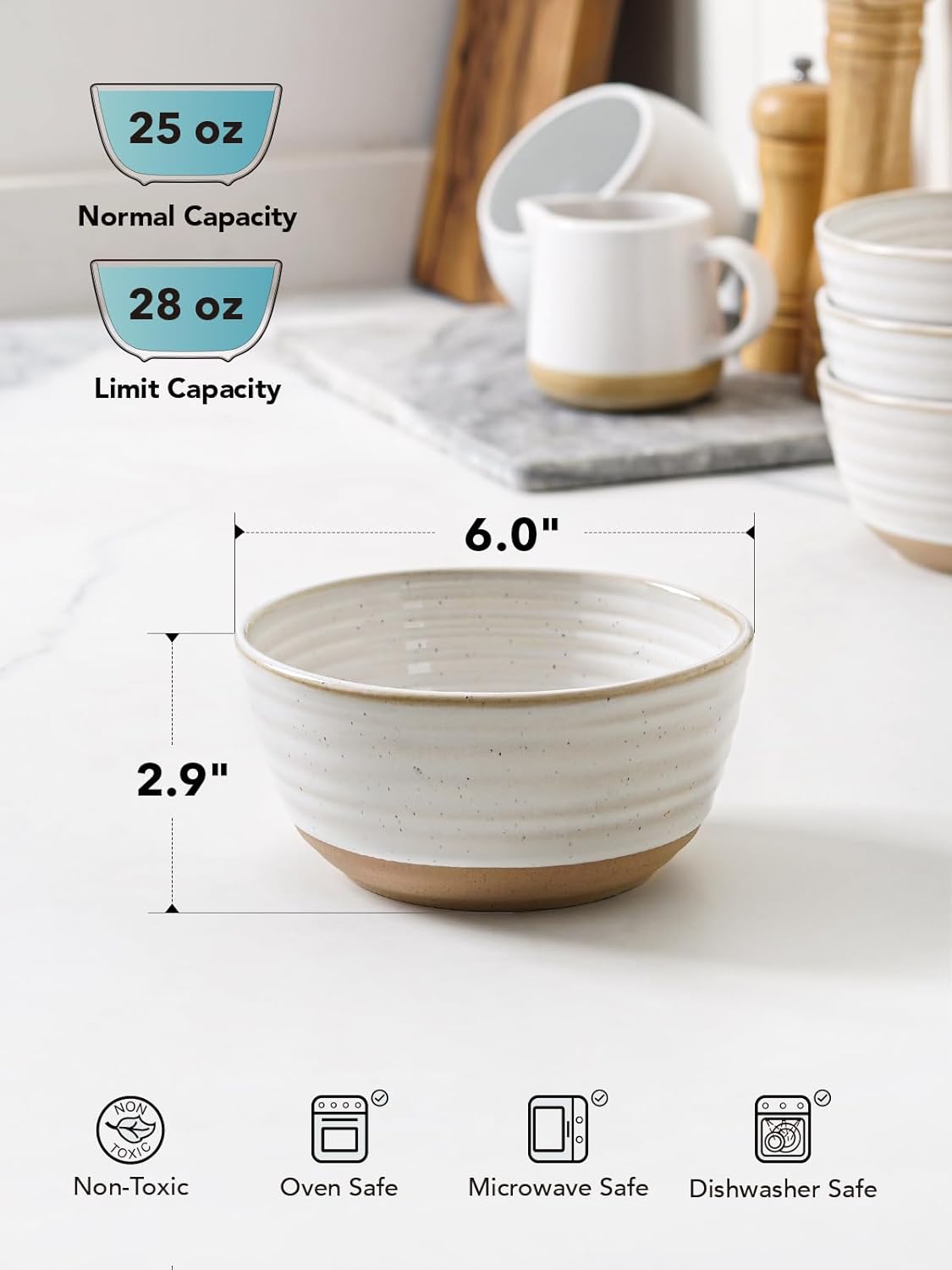 LE TAUCI Soup bowls 28 oz, Ceramic Cereal Bowl for Kitchen, Stoneware Bowl for Pho, Chip, Fruit, Salad, Noodle, Ramen, Housewarming Present- 6 Inch, Set of 4, Arctic white