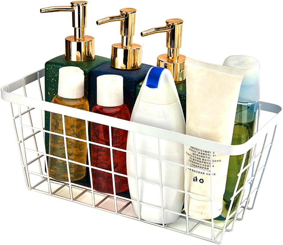 LeleCAT White Hanging Kitchen Baskets For Storage Adhesive Sturdy Small Wire Storage Baskets No Drilling Wall Mounted Kitchen Food Pantry Bathroom Shelf Storage, 4 PACK,White