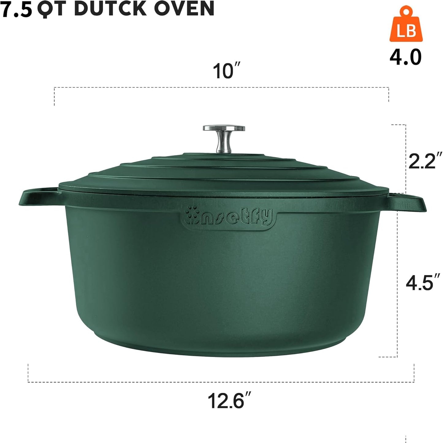 Large Dutch Oven Pot with Lid-7.5QT Cast Aluminum Oven Pot with Two Handles Lightweight for Bread Baking Braising and Roasting(Green)
