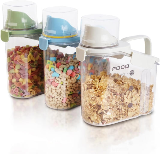3 Pieces Cereal Containers Storage, 51fl.oz/1.5L Compact Crystal Clear Dry Food Storage Containers with Pouring Spout Measuring Cup for Rice Nuts Beans Pet Food Snacks Candies, 3PCS
