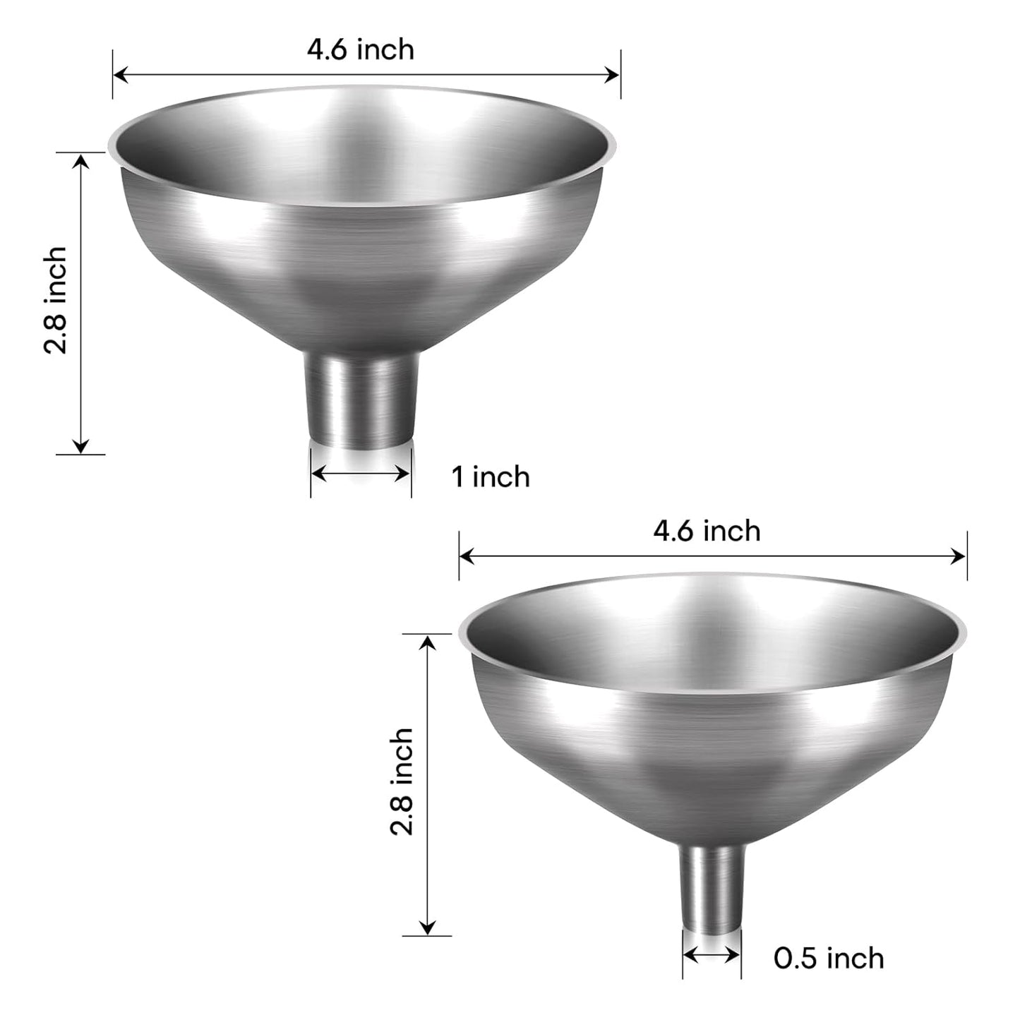 Stainless Steel Metal Funnel Set of 2, Kitchen Filling Funnel (0.5-inch Narrow Mouth) and (1-inch Wide Mouth), Practical Tools for Transferring Spices, Oils, Food and Beer