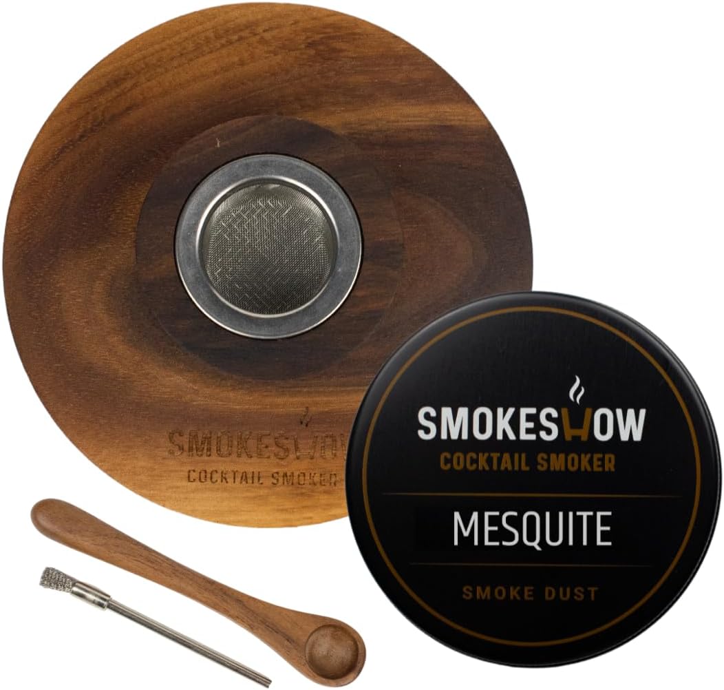 Premium Walnut Wood Cocktail Smoker with One 4 oz Tin of Wood Chips. Great for Whiskey & Old Fashion. Coated in Safe Food Natural Beeswax, Non-toxic Top by Smokeshow (Mesquite)