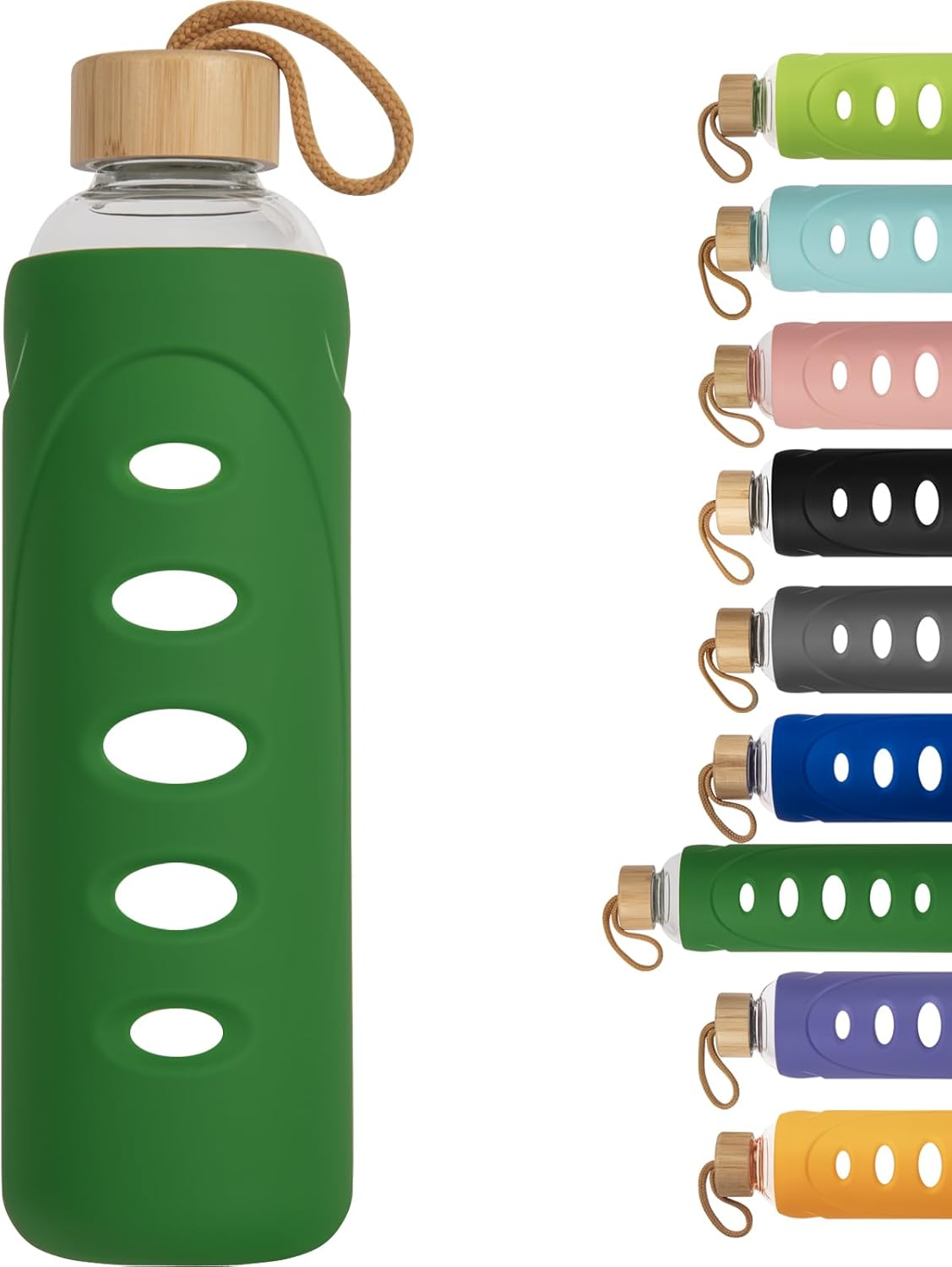 Sport 32oz Glass Water Bottle 1000ml /1 liter Borosilicate Glass Water Bottle Reusable Waterbottle Jugwith Silicone Sleeve and Unique Lid (Dark green