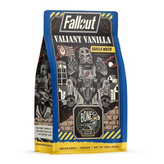 Bones Coffee Company Fallout Valiant Vanilla, Vanilla Wafer Flavored Coffee, Medium Roast Low Acid Arabica Beans Compatible with Auto drip and French Press Coffee Maker, 12 Oz Ground