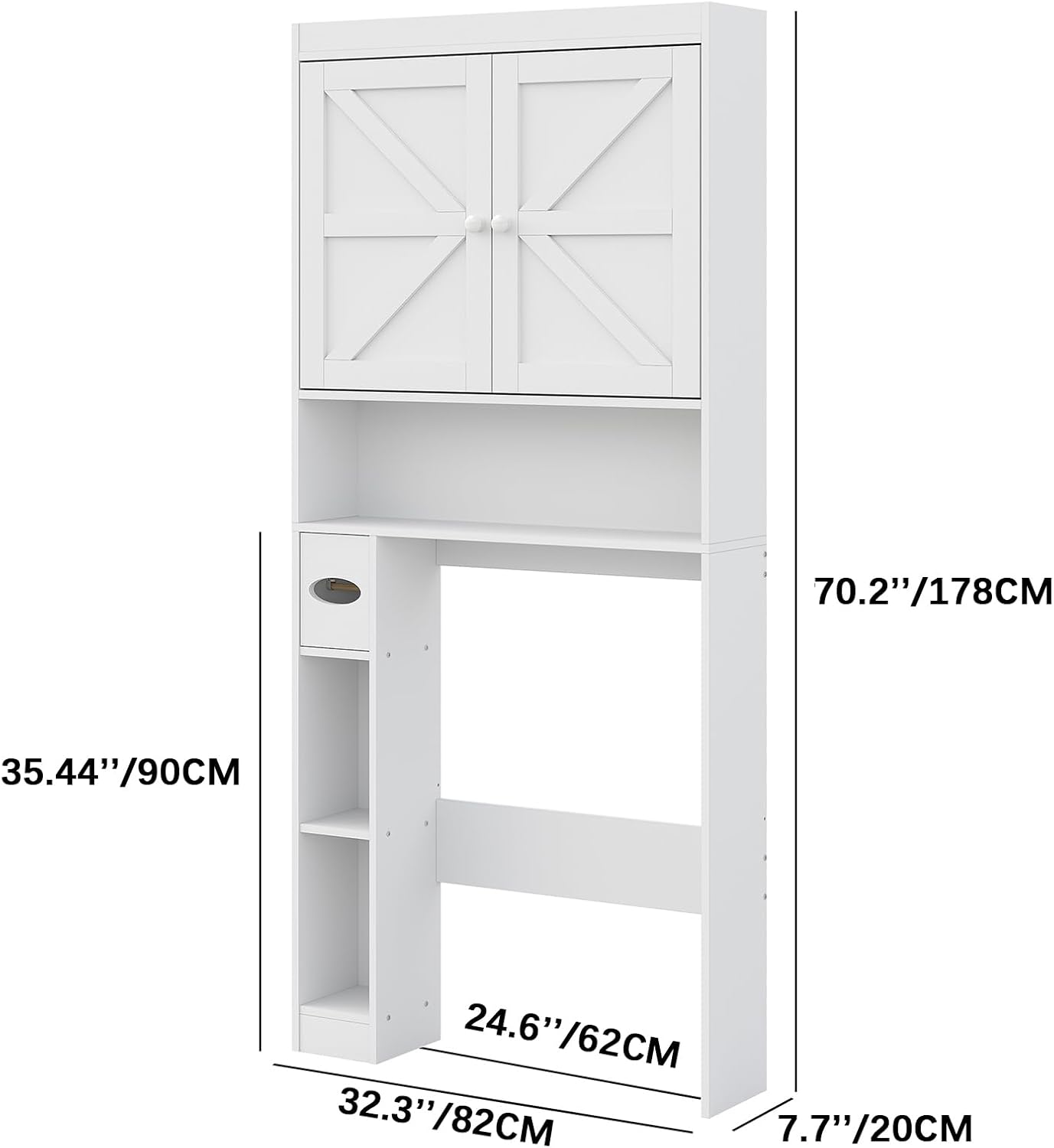 Furnideco Over The Toilet Storage Cabinet with Barn Doors, 32.3''W Free Standing Toilet Storage Shelf Space Saver with Adjustable Bottom Bar, White