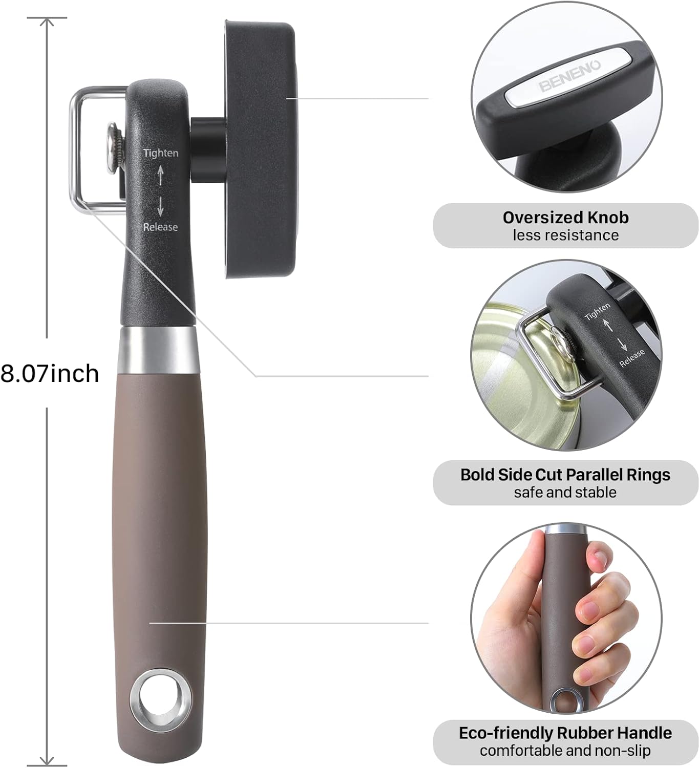Beneno Can Opener, Manual Side Safe Cut Can Opener Smooth Edge with Durable Sharp Blade, Effort-Saving Knob & Comfortable Non-slip Handle, Brown