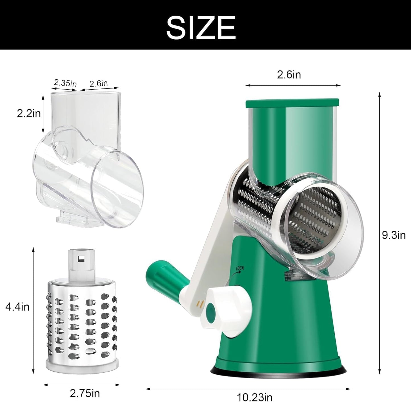 Cambom Rotary Cheese Grater Hand Crank Cheese Shredder for Fresh Cheese, Vegetable, Nuts,Non-slip Suction Base, Free Cleaning Brush Three Blades, Deep Green