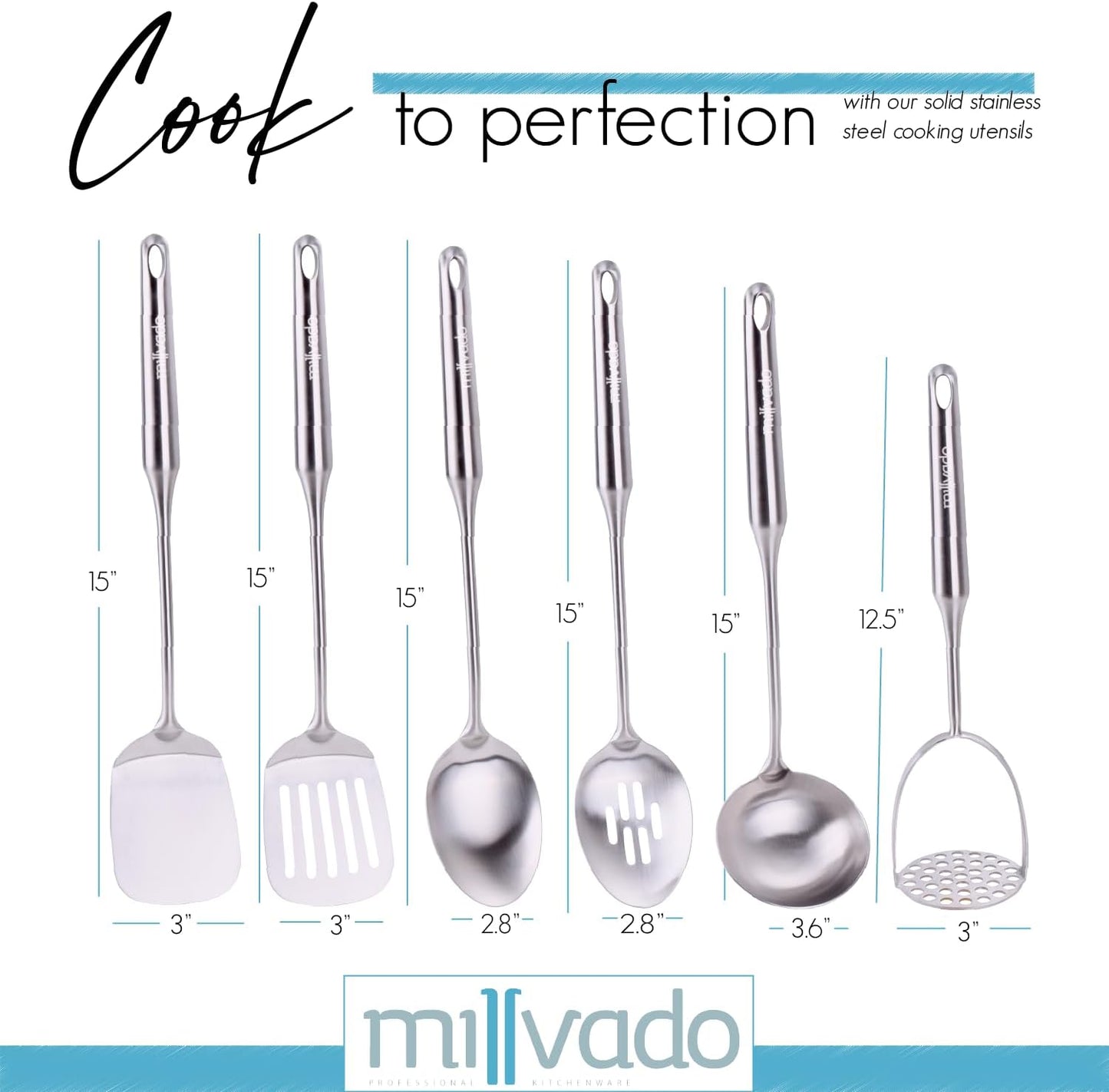 Stainless Steel Kitchen Utensil Set, Cooking Utensils, Set of 6 Kitchen Tools, Solid Spoon, Slotted Spoon, Solid Turner, Slotted Turner, Soup Ladle, Potato Masher, Dishwasher Safe