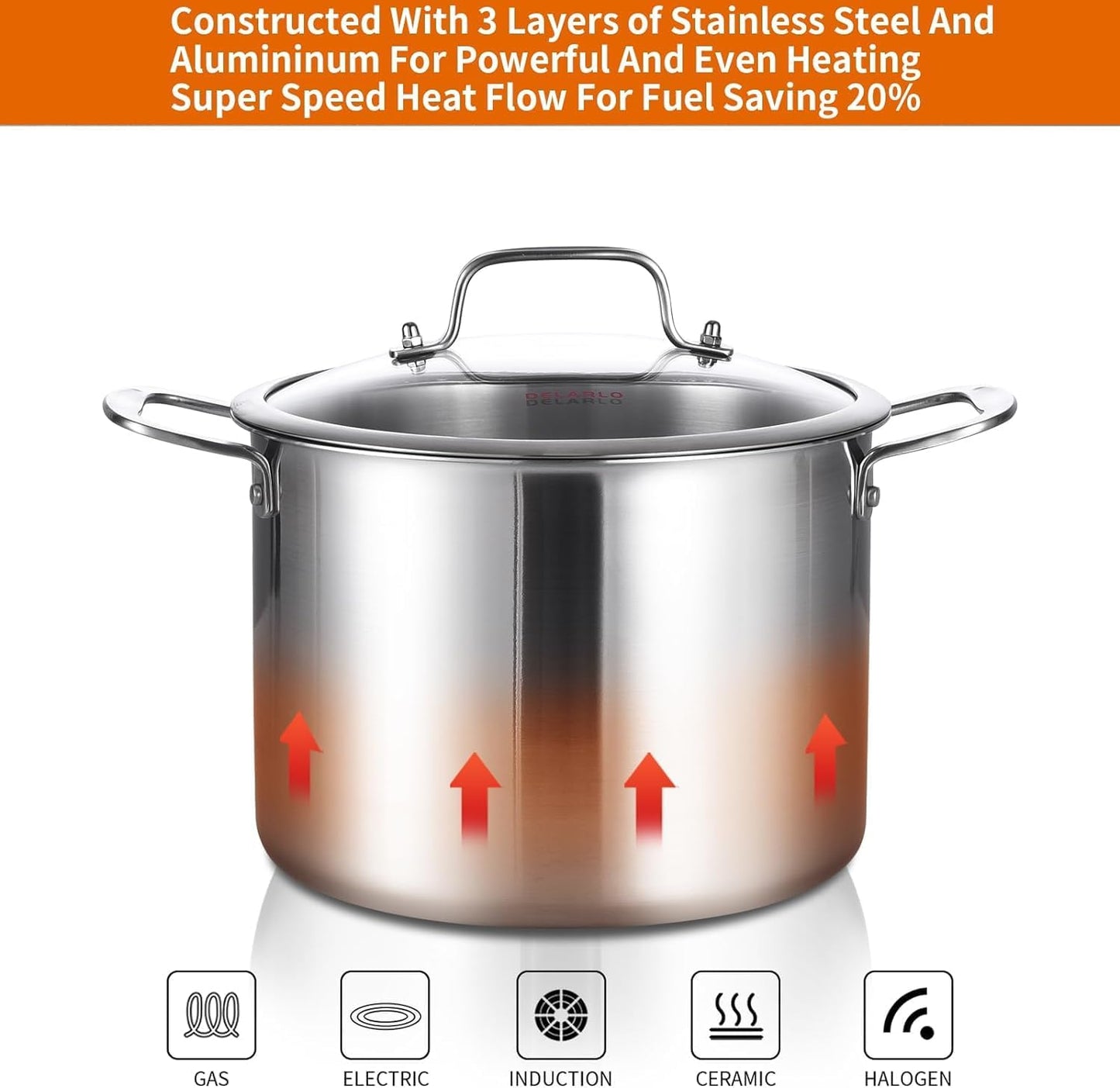 DELARLO Tri-ply Stainless Steel 20QT Stock Pot, Compatible with All Stoves Up to 600℉, 18/10 Induction Big Cooking Pot with Lid, Fast & Even Heating, Durable Large Soup Pot