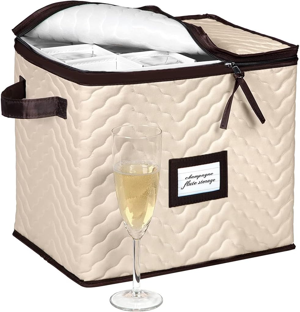 Champagne Flute Glass Storage Box with Dividers - Holds 12 Champagne Flute Glass up to 3" Wide - Stemware Storage Case - Protects Fine China - Durable Quilted Microfiber Bin with Carry Handles