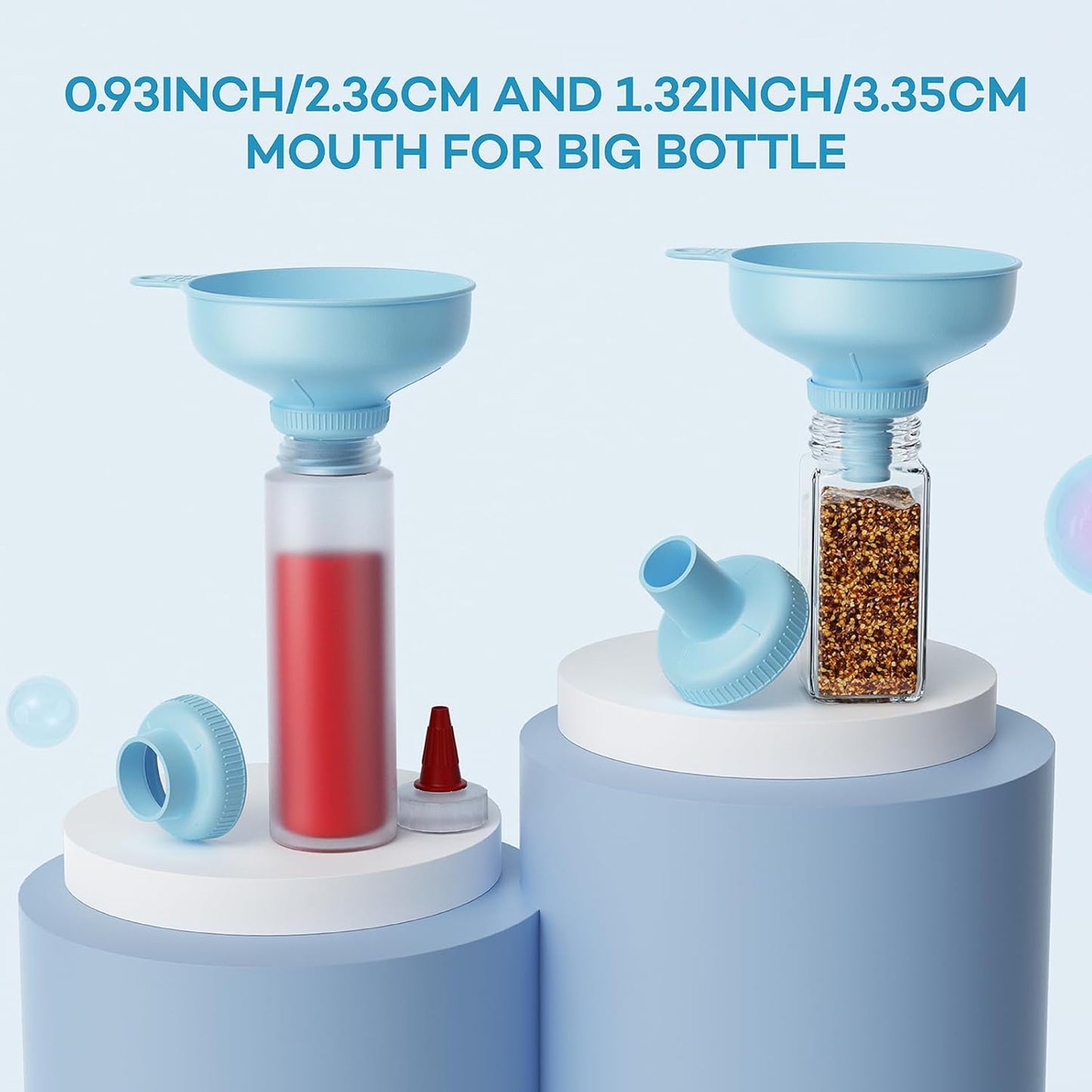 Pisol Wide Mouth Versatile Funnel, Canning Funnels for Kitchen Use, Food Grade Plastic Cooking Funnel Set with 4 Size Spouts and 2 Strainers for Filling Different Bottles and Bags, Blue