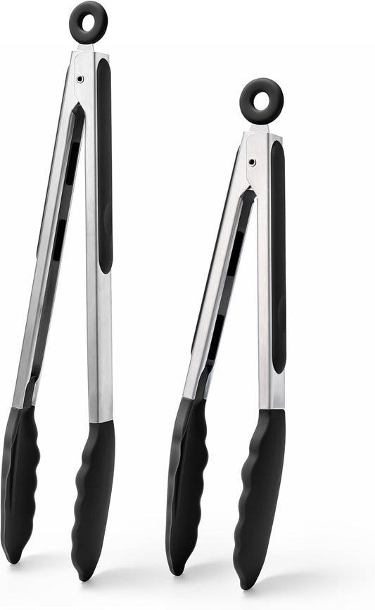 Doosu Kitchen Tongs for Cooking - 600°F Heat Resistant Food Tong Set with Non-Scratch Silicone Tips, Heavy Duty Stainless Steel Locking Tong for BBQ, Grilling Steak, Serving Salad (9+12in, Black)
