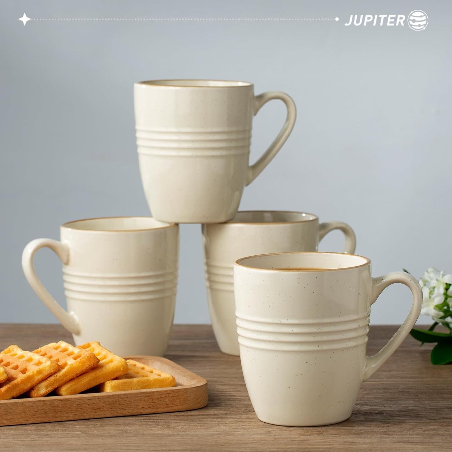 famiware Jupiter Coffee Mugs Set of 4, 14 OZ Coffee Mug, Microwave and Dishwasher Safe, Coffee Cups with Handle for Coffee, Tea, Cocoa, Milk, Vanilla White