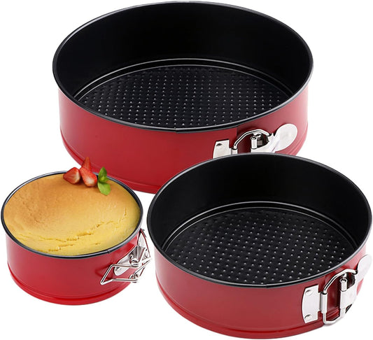 SHIKORI Cake Pan Set for Baking, Non-Stick Springform Pans Set of 3 (4, 7, 9 inch), Round Cake Pans,Cheesecake Pan, Leak-Proof Cake Pans with Removable Bottom (Red Set-3 Pcs)
