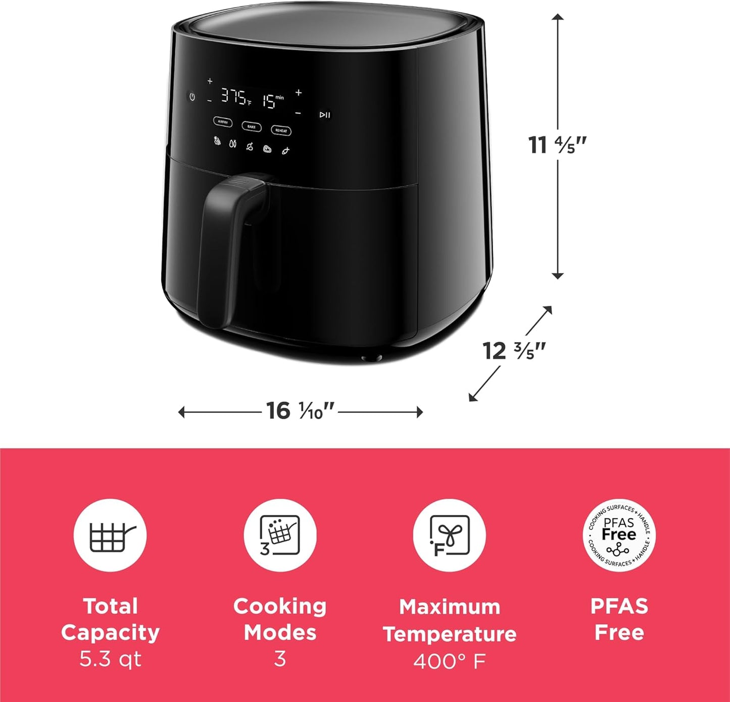 Frigidaire 3-in-1 Air Fryer, Large 5.3 QT Capacity, Digital Display, 3 Cooking Modes, 5 Recipe Presets, Automatic Shake Reminder, PFAS-Free Cooking Surfaces, Black