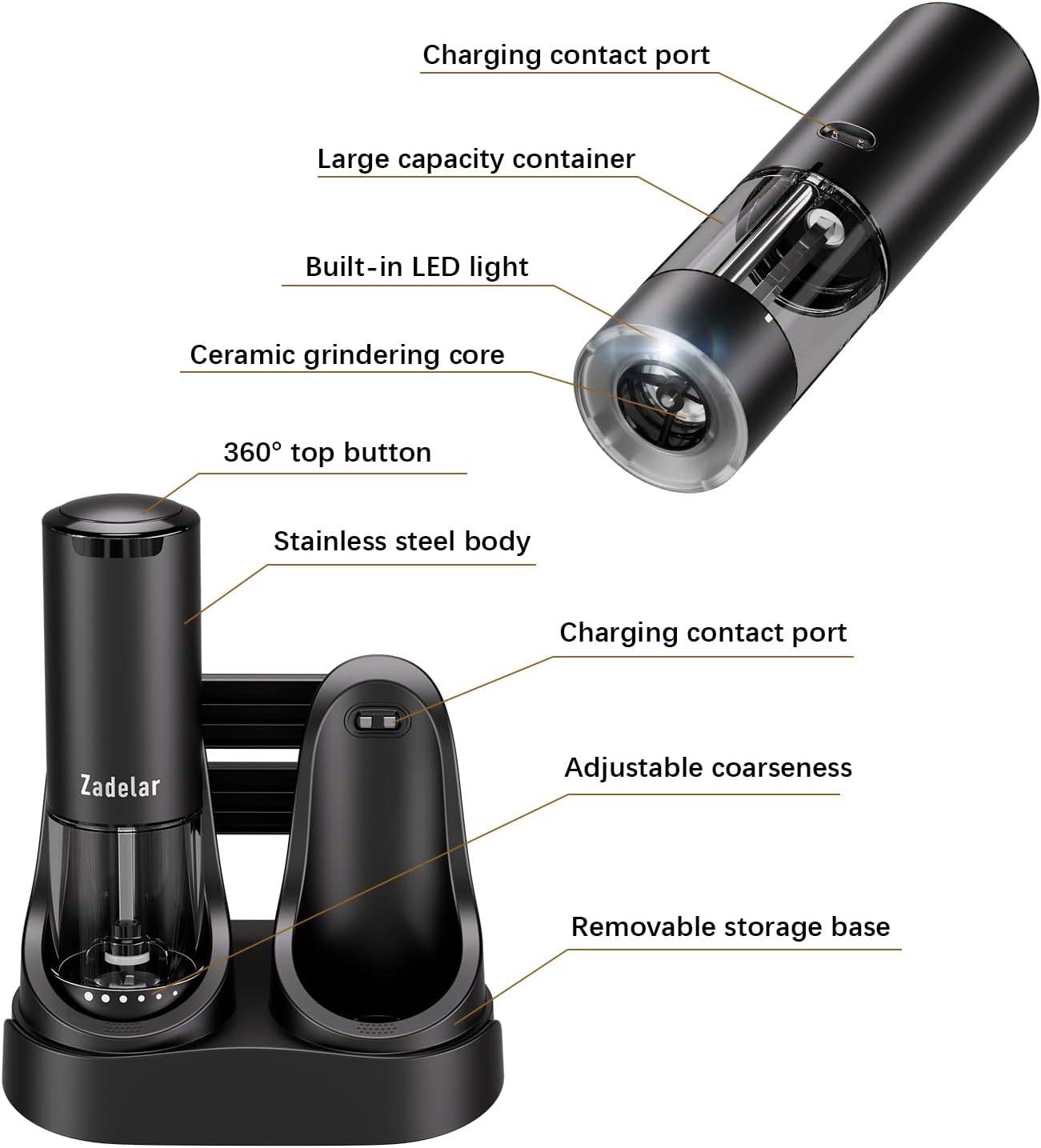 Electric Rechargeable Salt and Pepper Grinder Set,Automatic Pepper Mill Grinder with USB C Charging Dock,Upgraded 95ml Large Capacity,Adjustable Coarseness,LED Light,High-end Black