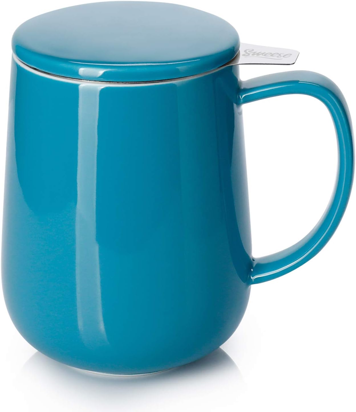 Sweese Porcelain Teacup with Infuser and Lid, 20oz, Steel Blue, Microwave Safe, Reusable