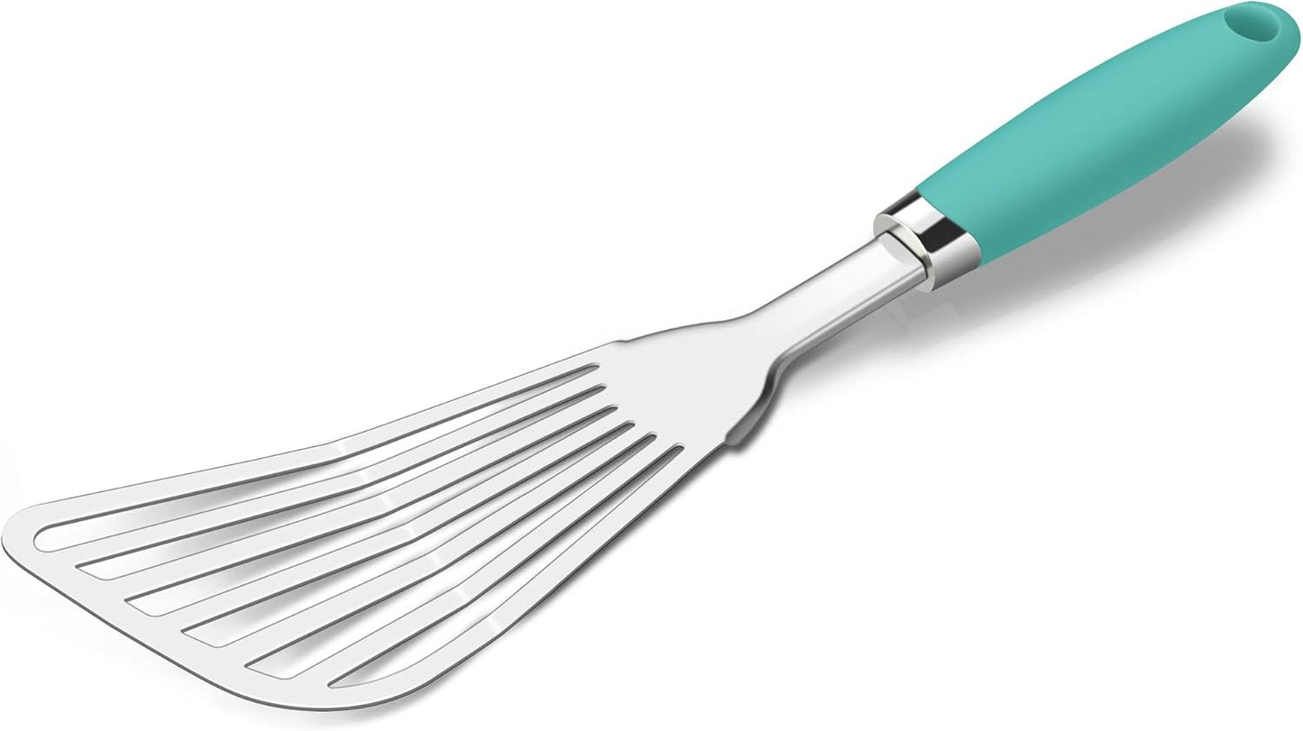 304 Stainless Steel Fish Spatula, Non-Slip Ergonomic Handle Slotted Spatula, Aqua Sky