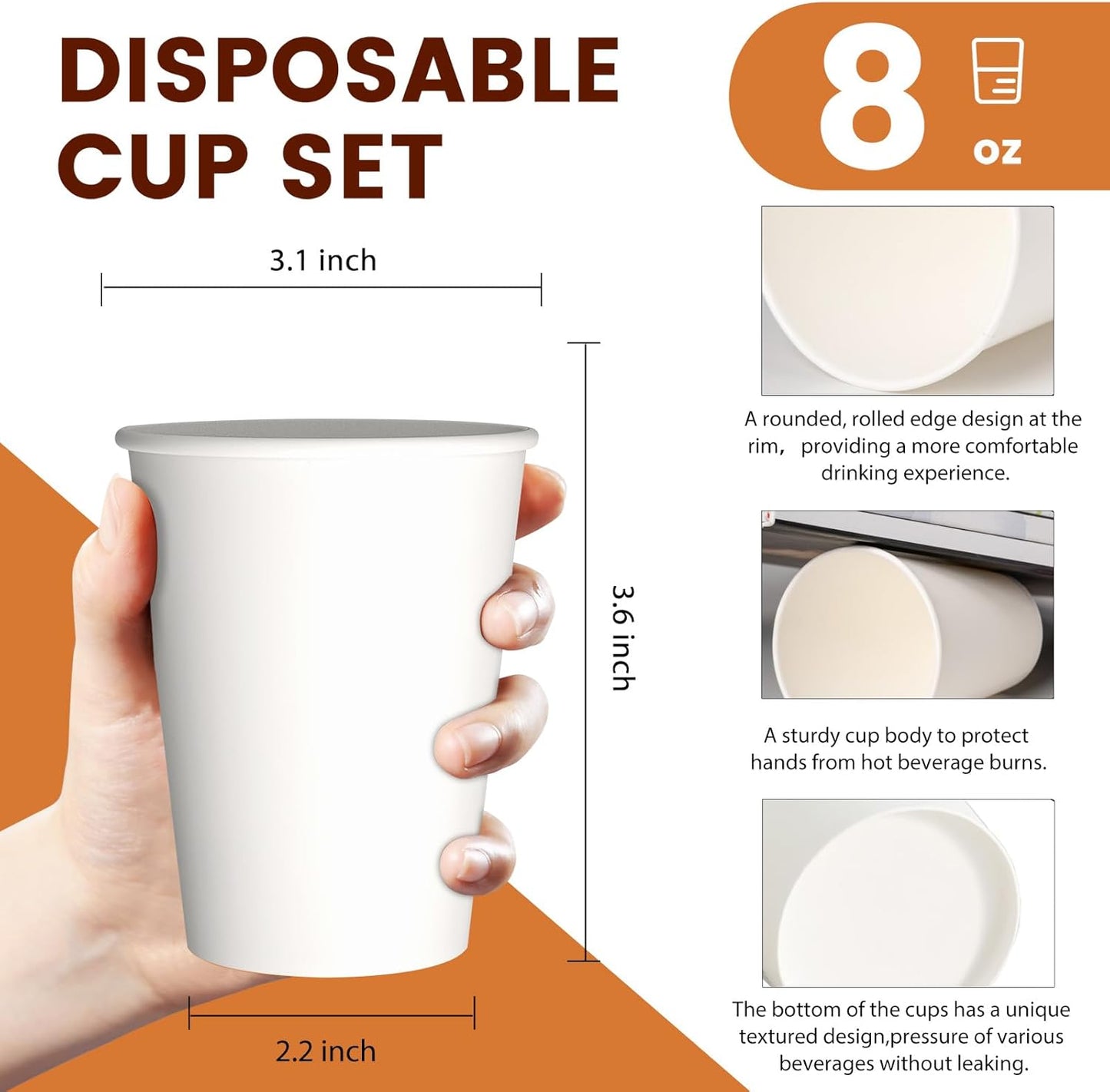 100 Count 8 oz Paper Cups, Disposable Coffee Cups 8 oz, White Hot/Cold Beverage Drinking Cups for Water Juice or Tea