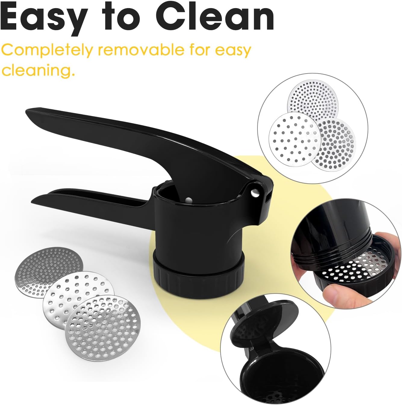 LHS Potato Ricer, Potato Masher for Potatoes with 3 Interchangeable Discs, Large Capacity Potato Masher and Ricer Kitchen Tool for Fruit, Vegetables, Baby Food, Black