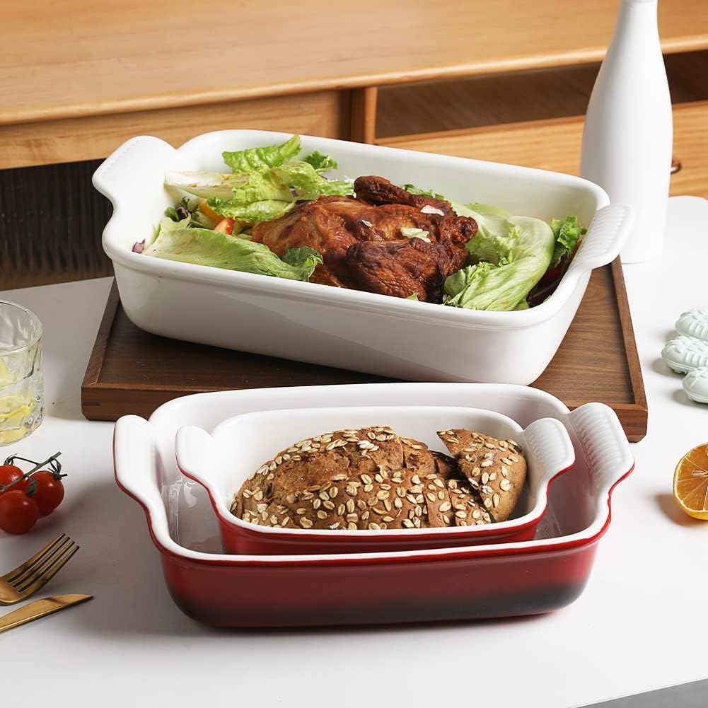 Sweejar Baking Pans Set, Ceramic 9x13 Baking Dish with Handle, Rectangular Casserole Dishes for Oven, Bakeware Sets of 3, Durable Lasagna Pan Deep for Kitchen, Banquet, Wedding Gift(Gradient Red)