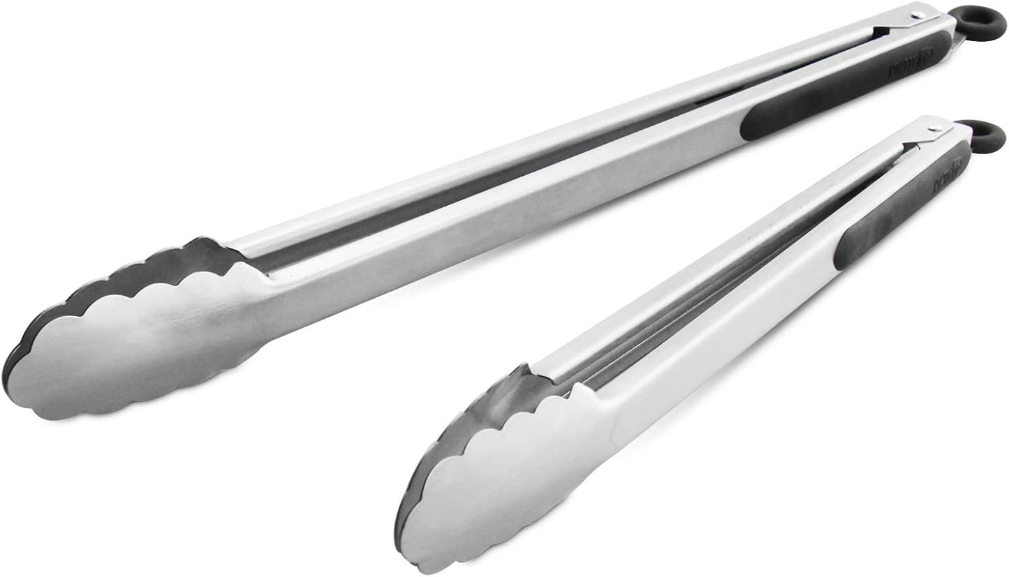 304 Stainless Steel Kitchen Cooking Tongs, 14" and 16" Set of 2 Sturdy Grilling Barbeque Brushed Locking Food Tongs with Ergonomic Grip, Black