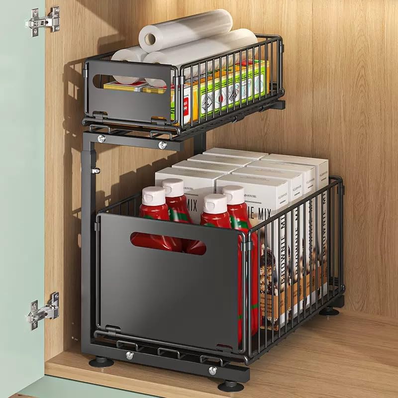 Under Sink Organizer with Adjustable Height, 2 Tier Pull Out Cabinet Design, Sliding Sink Shelf for Enhanced Storage Capacity, Counter Organizer Storage for Kitchen & Bathroom, Black, 1 Pack