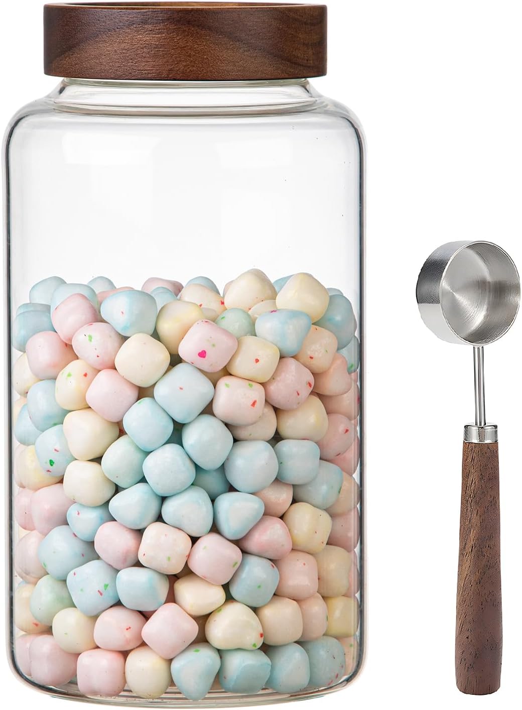 Large Glass Coffee Jars with Spoon,Round Storage Canister with Wooden Lid Clear Glass Food Jar for Pantry Sugar Tea Coffee Bean Spice Nuts Cookies Bath Salts (2300ml/77oz)