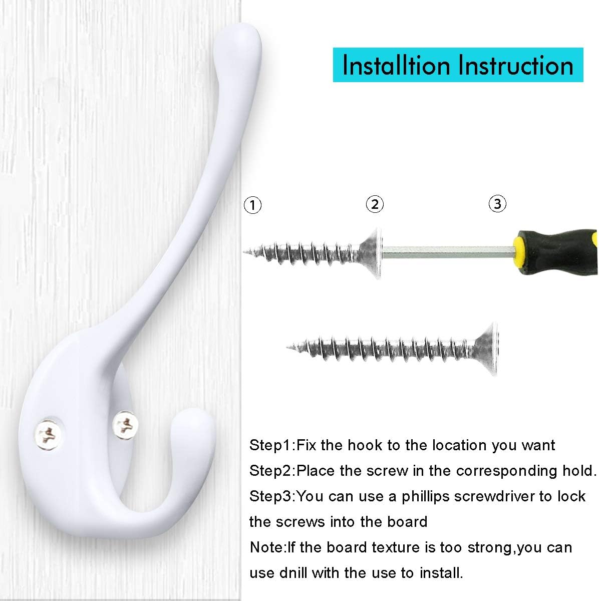 10 Pack Heavy Duty Dual Coat Hooks Wall Mounted with 20 Screws Retro Double Hooks Utility Black Hooks for Coat, Scarf, Bag, Towel, Key, Cap, Cup, Hat (White)