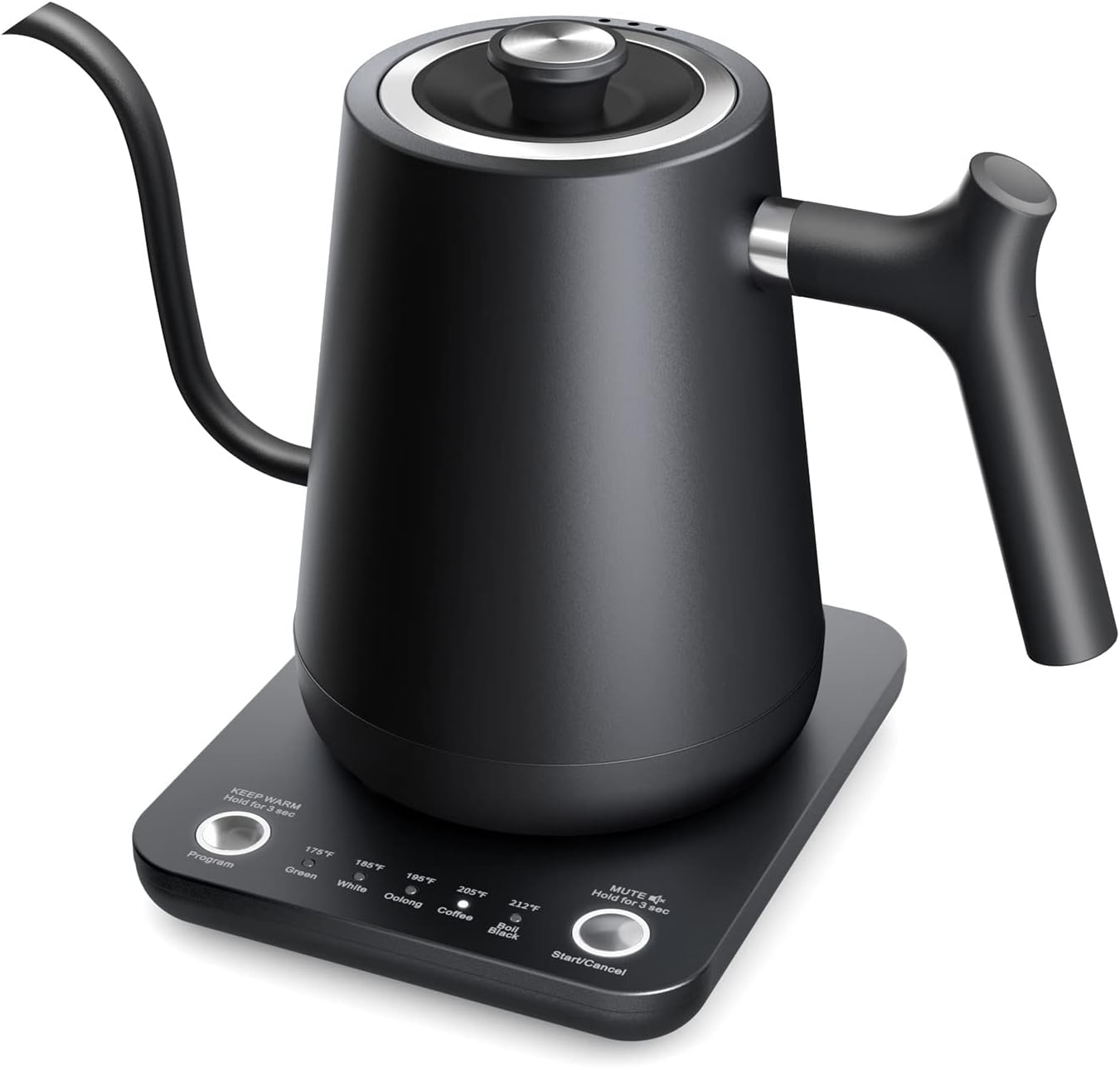 Gooseneck Electric Tea Kettle Pour-Over Kettle for Coffee, with 5 Variable Presets, 100% Stainless Steel Inner, with Keep Warm and Mute Function 0.8L, 1000W Quick Heating, Matte Black