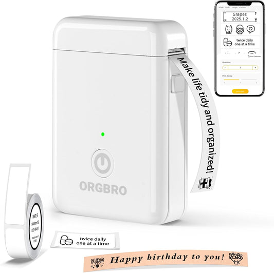 ORGBRO Label Maker Machine with Tape, X1 Portable Bluetooth Mini Label Printer, Support Pre-Cut & Continuous Label, Wireless Small Label Makers with Versatile App for School Home Office Organization