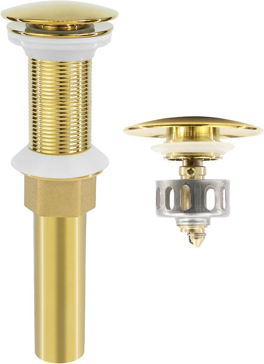 Bathroom Sink Drain, Gold Drain Stopper Bathroom Sink Without Overflow,Pop Up Drain Assembly Without Detachable Strainer Basket,Built-in Anti-Clogging Strainer,Stainless Steel Gold