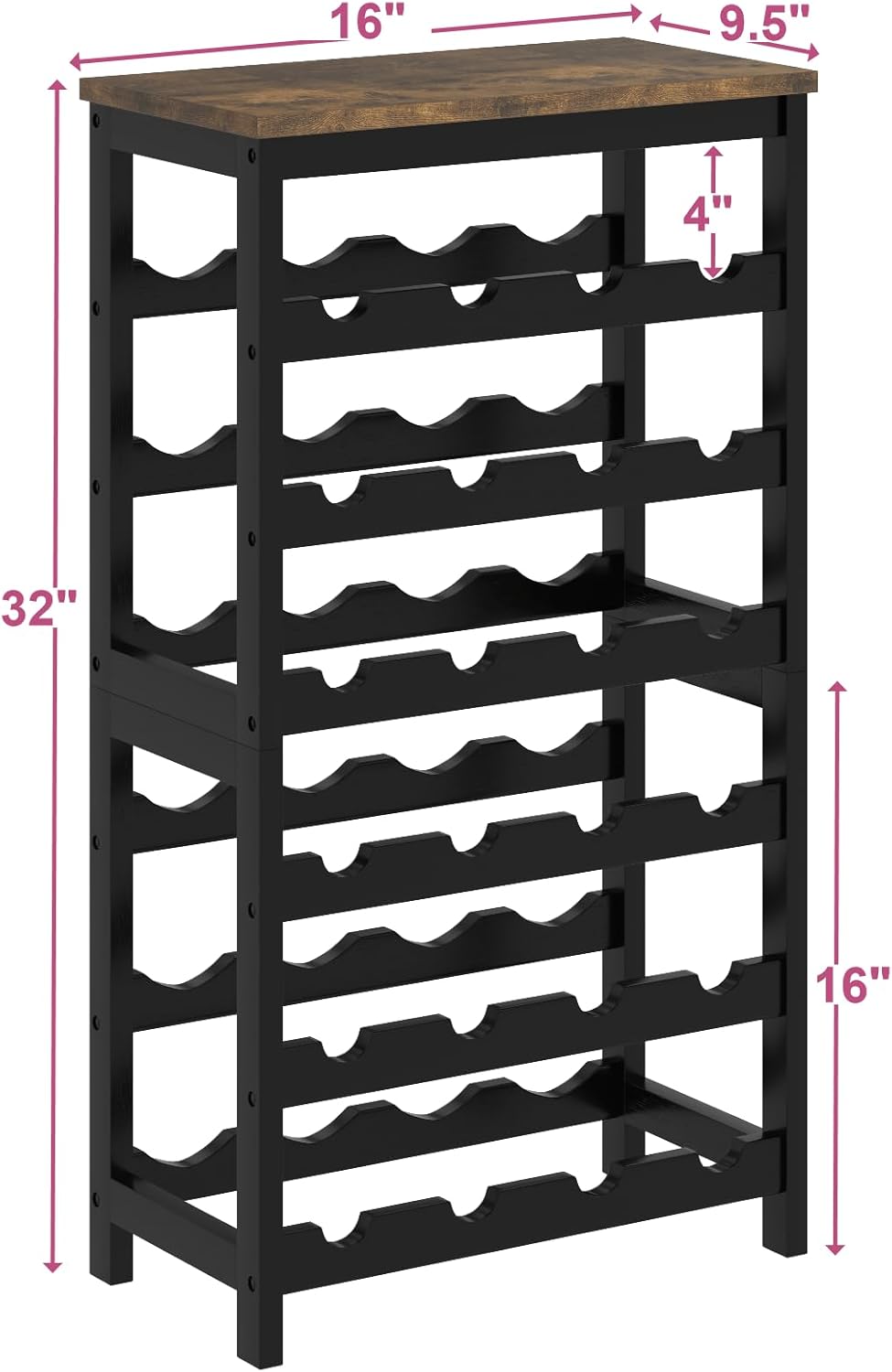6 Tier Bamboo Wine Rack Freestanding Floor, 24 Bottles Wine Storage Shelves with Table Top, Stackable Wine Display Rack for Kitchen, Bar, Dining Room, Rustic Brown and Black