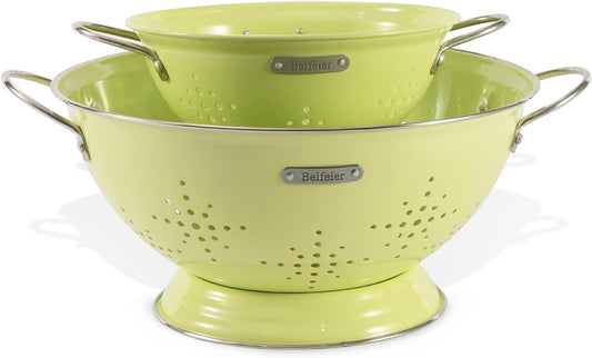 Metal Colander 2 Pack, Strainer Bowel with Handles 2Qt & 6Qt Powder Coated Solid Ring Base Heavey Duty Kitchen Drainer Basket for Pasta Veggies and Fruits,New Home Apartment Essentials (LightGreen)